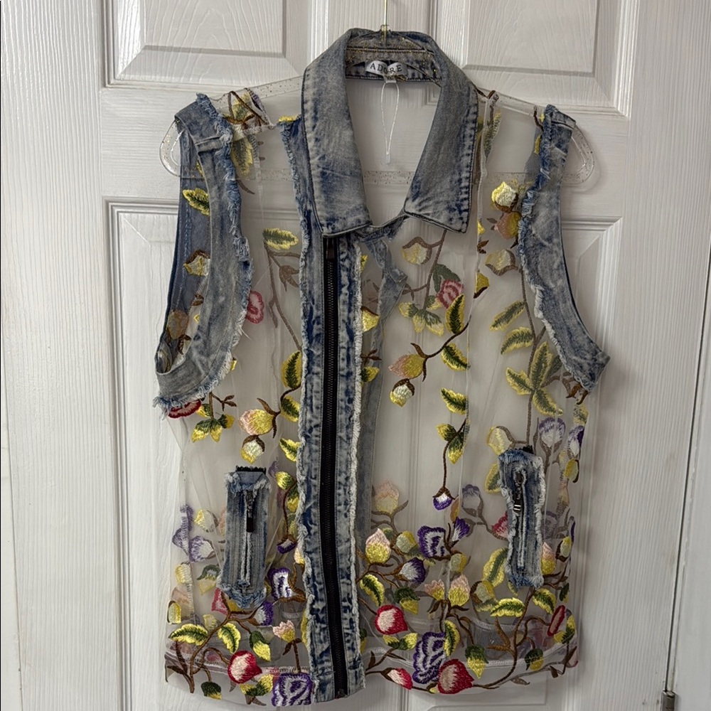 ADORE Floral Embroidered Denim Sheer Vest